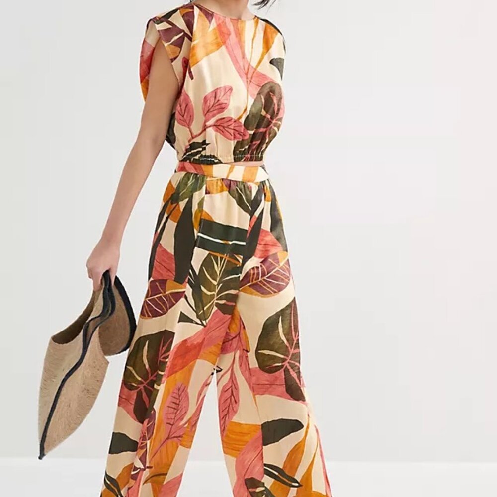 Anthropologie Geisha Designs Luxury Palm Linen Blend Two Piece Pant Top Set